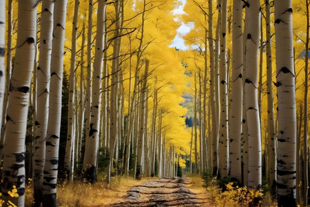Aspen grove in autumn with yellow aspens and dirt roadの素材