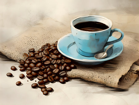 Coffee cup and coffee beans on a grunge background.の素材