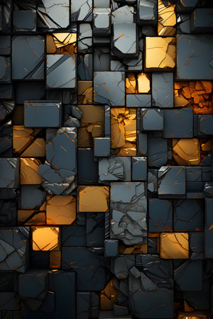 3d rendering of abstract fractal background with golden and black cubesの素材