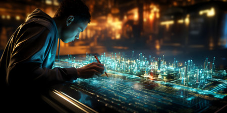 Man in hoodie working on computer. Mixed media. Mixed mediaの素材