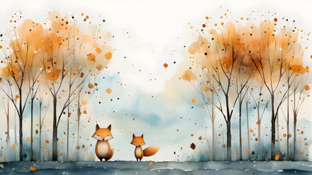 Autumn background with two foxes in the forest, vector illustrationの素材