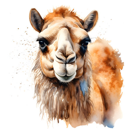 Portrait of a camel. Hand drawn watercolor illustration isolated on white backgroundの素材
