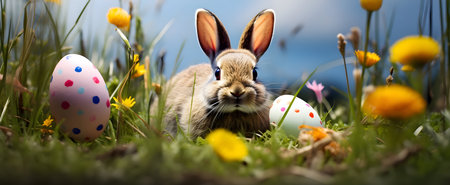 Easter bunny and easter eggs in the meadow with flowersの素材