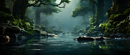 Fantasy landscape of green forest and river. 3D Renderingの素材