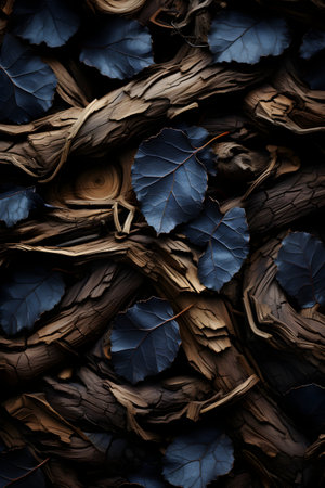 abstract background of dark wood with blue leaves. Toned.の素材
