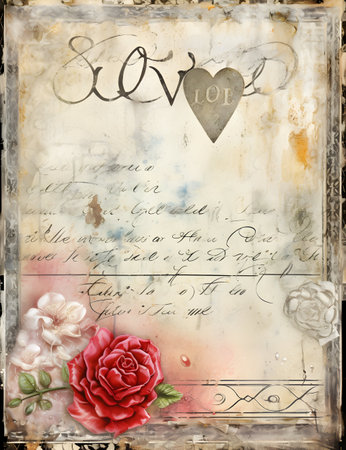 Grunge background with roses and heart. Old postcard.の素材