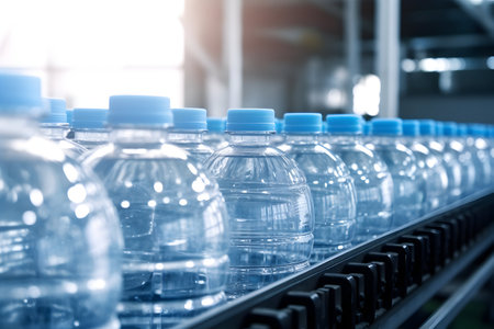 Bottles of water on the conveyor belt in a beverage factoryの素材