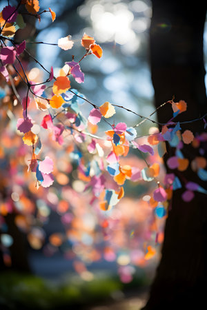 Colorful paper garland hanging on a tree in the park. Soft focus.の素材