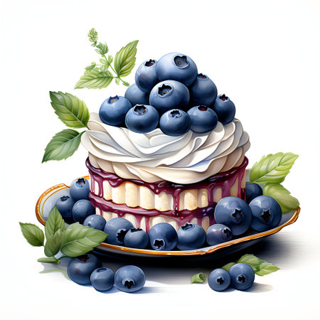 Illustration of a blueberry cake decorated with whipped cream and fresh blueberriesの素材