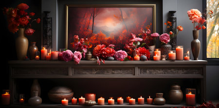 Burning candles in a dark room with a fireplace. 3d renderingの素材