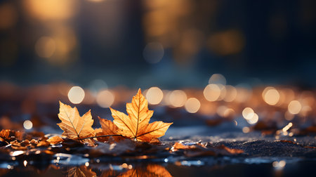 Autumn maple leaves on wet asphalt with bokeh background.の素材