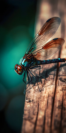 Close up of a dragonfly on a wooden surface. Shallow depth of field.の素材