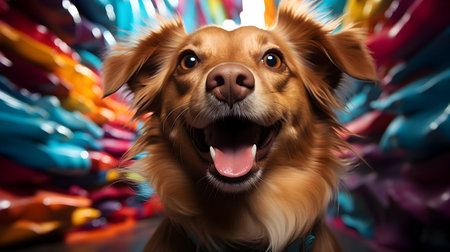 Cute dog with colorful balloons on background, close-up portraitの素材