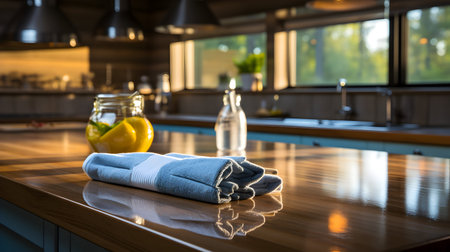 Close up of a towel on the countertop in a modern kitchenの素材
