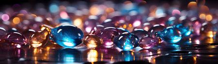 close-up of colorful glass balls on a black background with reflectionの素材