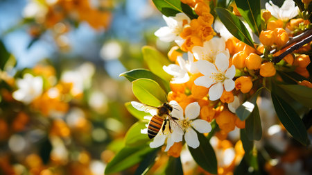 Honey bee collecting nectar on yellow flowers in the garden.の素材