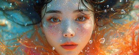 Close-up portrait of a beautiful girl with red hair in the water.の素材