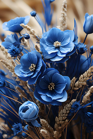 Bouquet of blue poppies with ears of wheat close upの素材