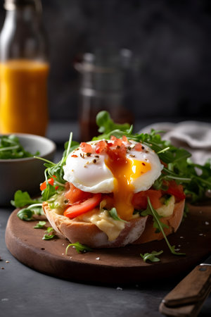 Eggs benedict with tomato, mozzarella and arugulaの素材