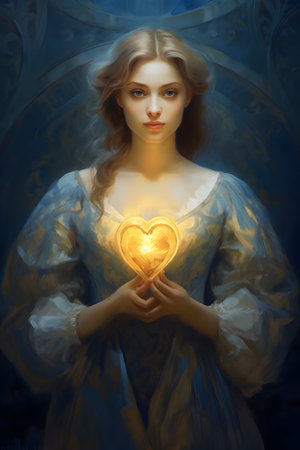 Beautiful young woman in medieval era dress with golden heart in her handsの素材