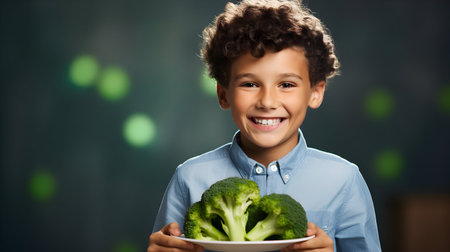 childhood, food and people concept - smiling little boy with plate of broccoli over dark backgroundの素材