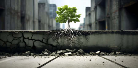 Green tree with roots growing on cracked ground. Conceptual image.の素材