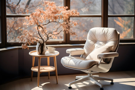Modern armchair and vase with autumn leaves near window in roomの素材