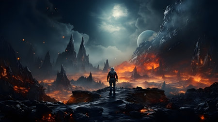 Man in a dark space. Fantasy landscape. 3d rendering.の素材
