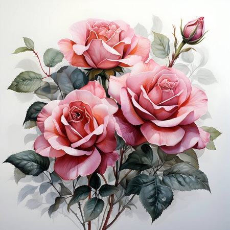 Bouquet of pink roses with leaves on a white background.の素材