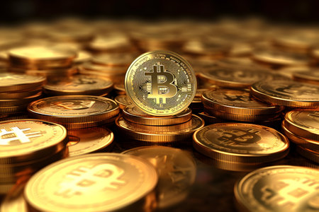 Bitcoin. Digital currency. Cryptocurrency. Golden coins. 3D illustrations.の素材