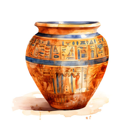 Ancient egyptian vase, hand drawn watercolor illustration on white backgroundの素材