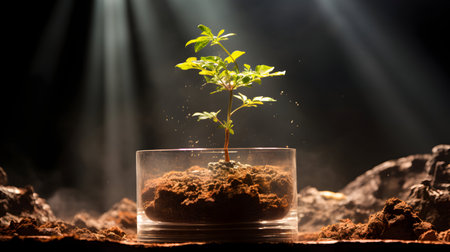 Young plant in a glass pot on a dark background. New life conceptの素材