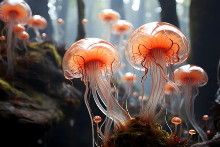 Fantastic orange jellyfish in the forest. Colorful mushroom.の素材