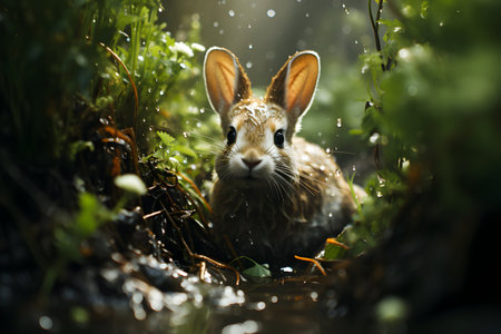 Rabbit in the water in the summer forest. Selective focus.の素材