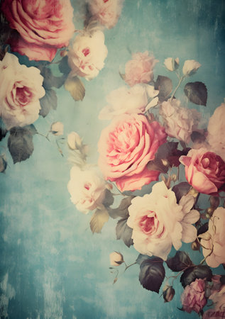 Vintage roses on blue background, retro style toned picture.の素材