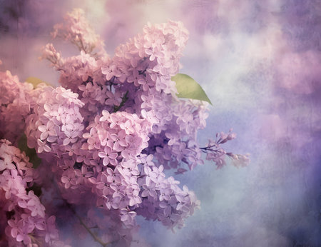 Bouquet of lilac flowers on grunge background with space for textの素材