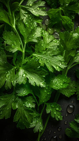 Fresh parsley leaves with water drops on black background, closeupの素材