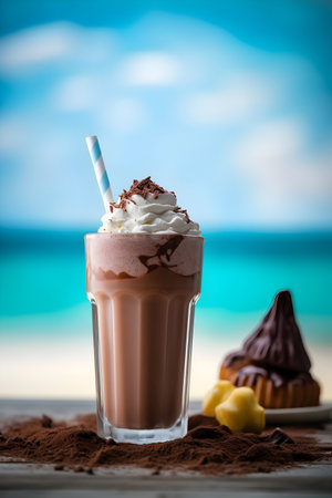 Iced chocolate milkshake with whipped cream in a glass on a beach backgroundの素材
