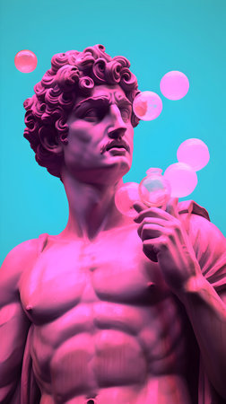 Statue of David with soap bubbles on blue background. 3d renderingの素材