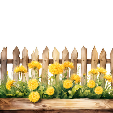 Wooden fence with yellow dandelions isolated on white background.の素材