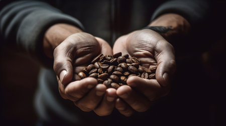 Hands of a man holding roasted coffee beans on a dark backgroundの素材