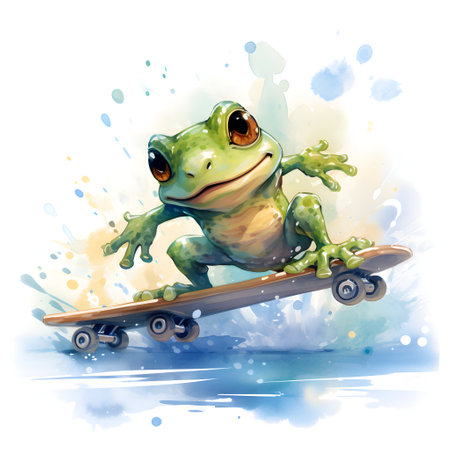 Frog riding a skateboard. Watercolor illustration on white background.の素材