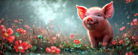 3d rendering of a cute little pig in a flower meadowの素材