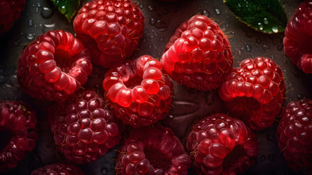 Fresh raspberries with drops of water on a dark background.の素材