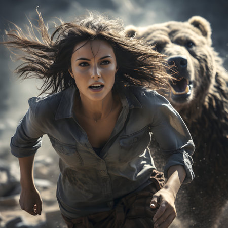 Beautiful young woman with brown bear in the smoke on a backgroundの素材