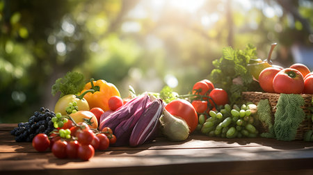 Fresh organic vegetables and fruits on wooden table in garden, healthy food conceptの素材