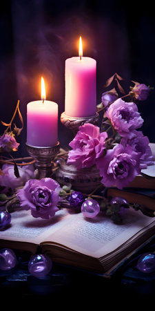 Romantic still life with candles, books and flowers on dark backgroundの素材