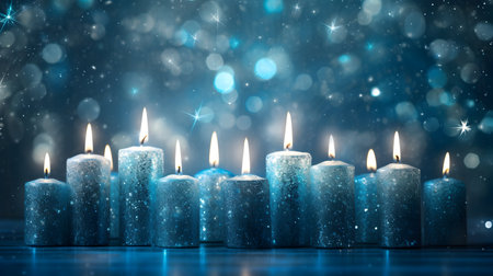 Candles on blue bokeh background, christmas and new year conceptの素材