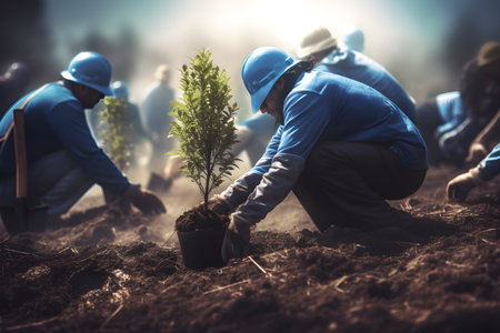 Team of workers planting a tree in the ground. Concept of Earth Day.の素材