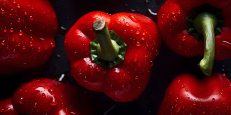 Red bell peppers with drops of water on a black background. Close-up.の素材